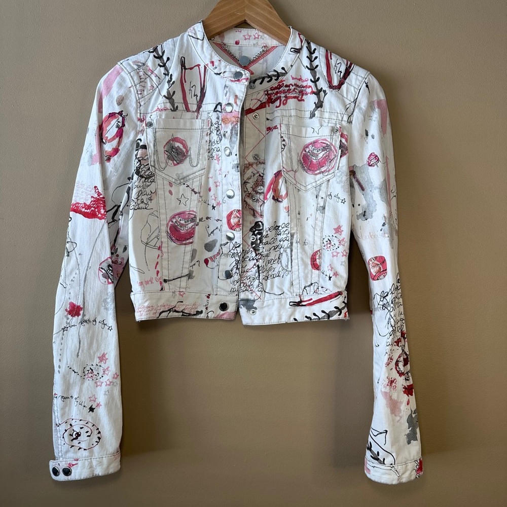Marc Cain White with Red Graffiti Like Print Denim Jacket, Artistic, Art to Wear